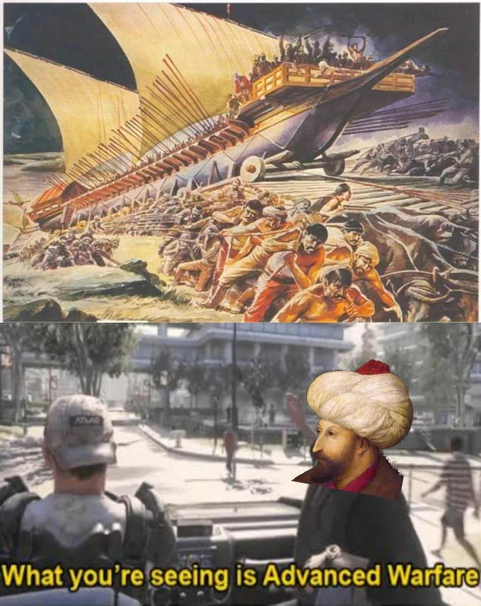 What Youre Seeing Is Advanced Warfare — Two-part meme showing a classical historical military painting paired with the game scene and Advanced Warfare caption.
