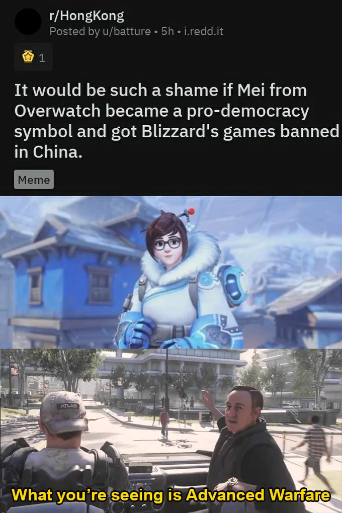What Youre Seeing Is Advanced Warfare — Reddit post featuring Overwatch's Mei character combined with the Advanced Warfare meme template reaction image.