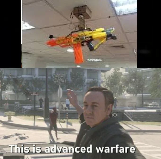 What Youre Seeing Is Advanced Warfare — Two-part meme showing a toy gun hanging from a ceiling paired with the game scene and Advanced Warfare caption.