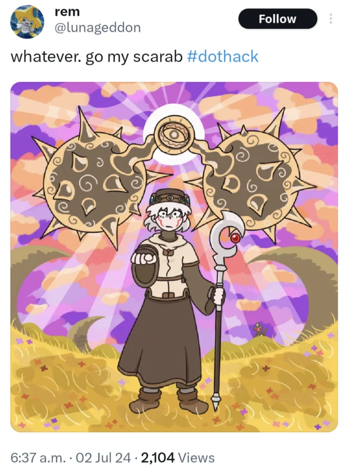 Whatever. Go My Scarab — Tweet with .hack fan art of a character summoning spiked scarab orbs