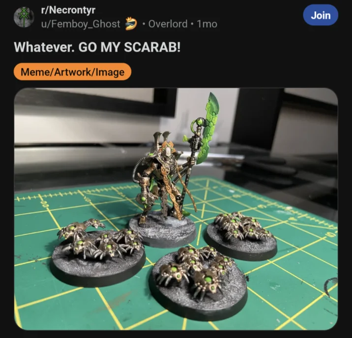 Whatever. Go My Scarab — Reddit post with painted Warhammer Necron Overlord and scarab miniatures