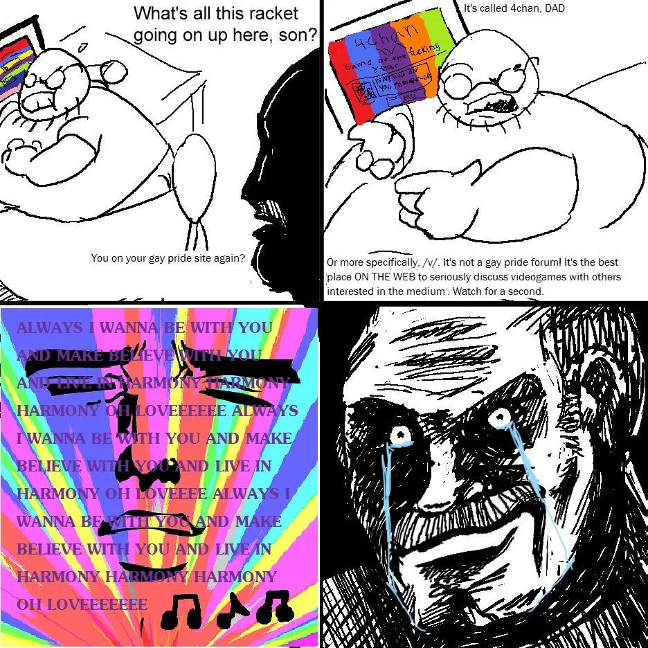 What's All This Racket? — Four-panel rage comic parody about 4chan ending with the father face with tears streaming down.