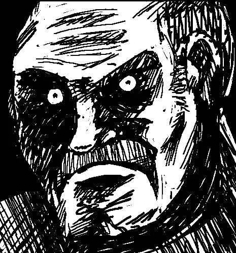 What's All This Racket? — Black-and-white sketch of a bald man with wide, startled eyes and shocked open-mouthed expression.