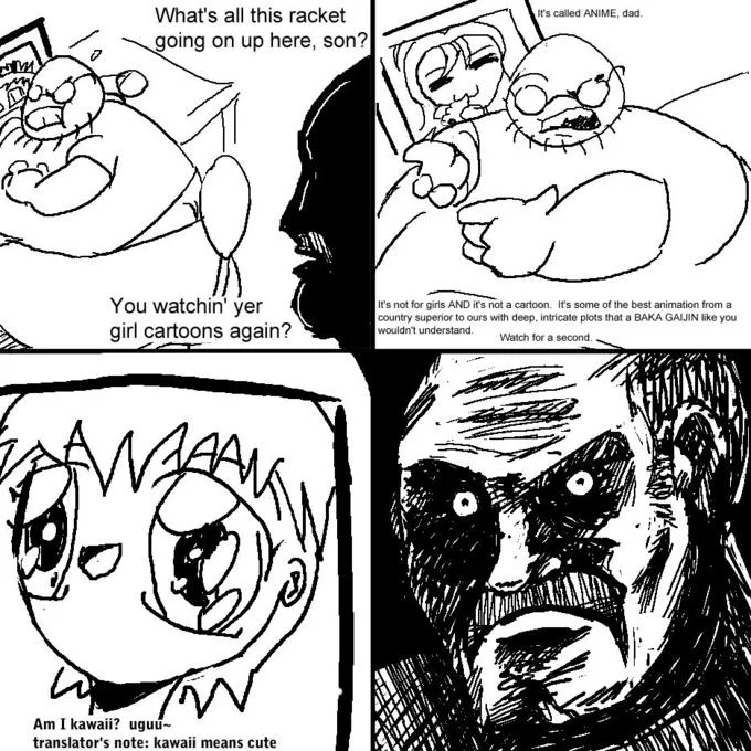 What's All This Racket? — Four-panel rage comic with father confronting son about anime, ending with a shocked staring face.