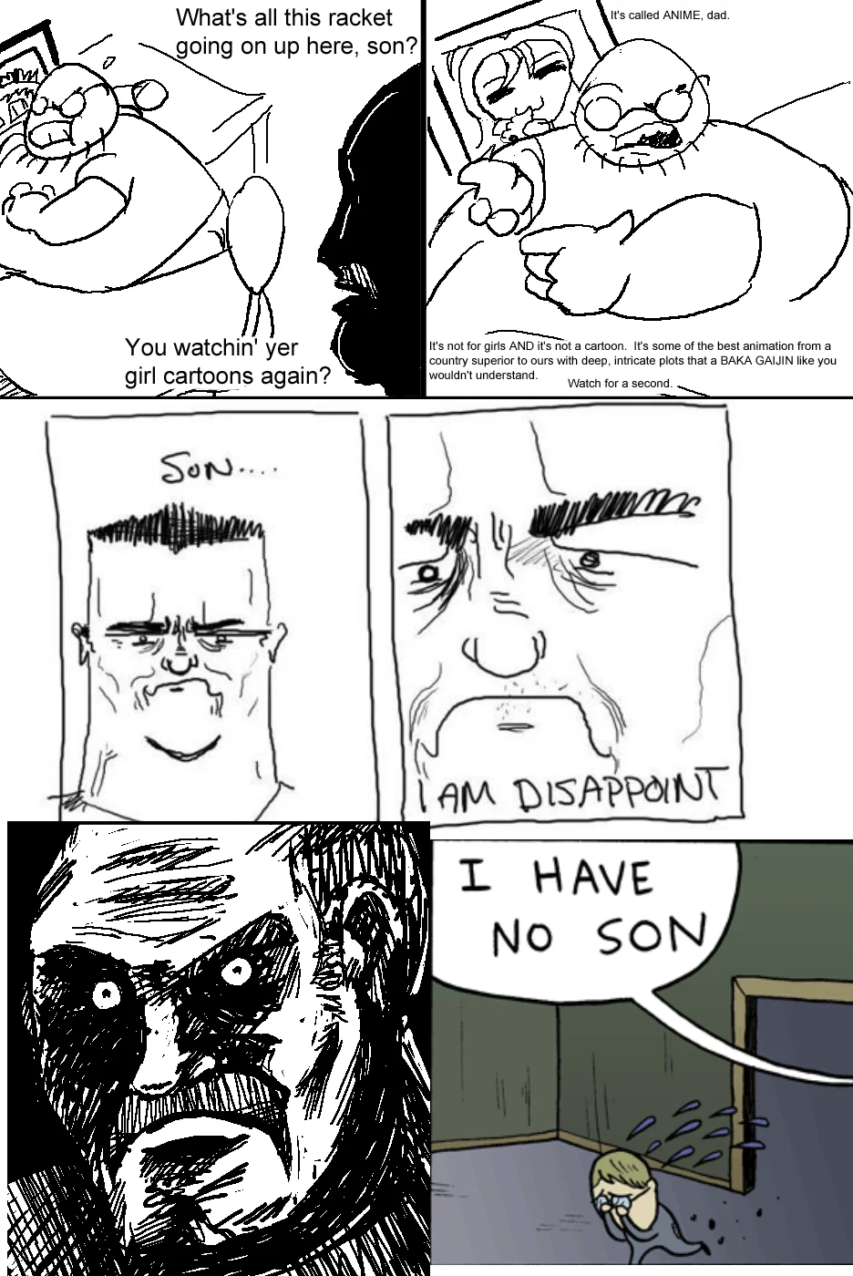 What's All This Racket? — Mashup rage comic combining the anime dad comic with 'I Am Disappoint' and 'I Have No Son' panels.