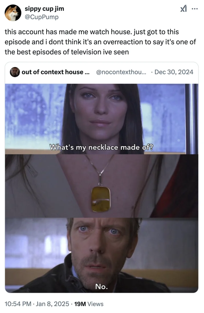 Whats My Necklace Made Of House — Twitter post embedding House necklace meme with commentary about the episode