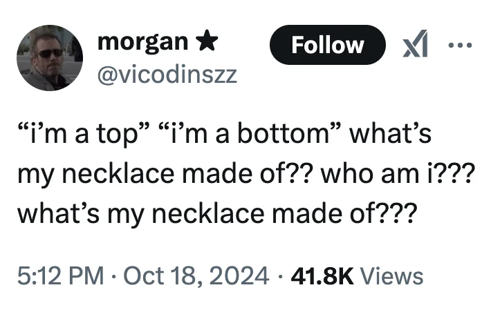 Whats My Necklace Made Of House — Text tweet playing on the necklace meme with identity phrases