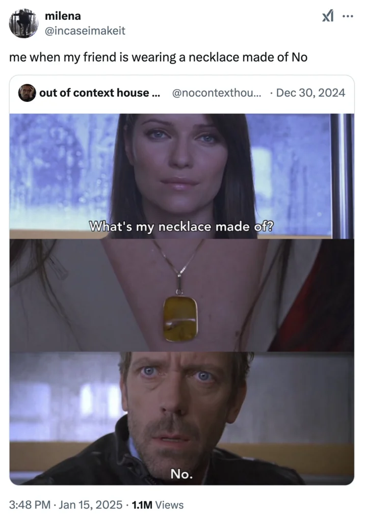 Whats My Necklace Made Of House — Tweet joking about a friend wearing a necklace made of the element No, embedding House meme
