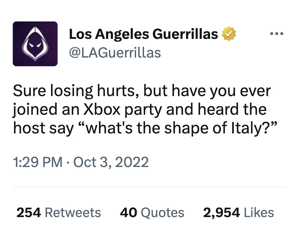 Tweet from Los Angeles Guerrillas joking about hearing 'what's the shape of Italy?' in an Xbox party