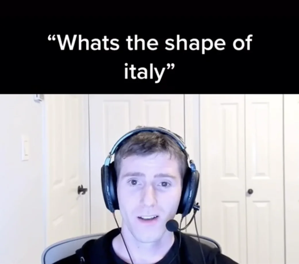 What's the Shape of Italy? — TikTok screenshot of a man wearing headphones with the caption 'Whats the shape of italy' above him