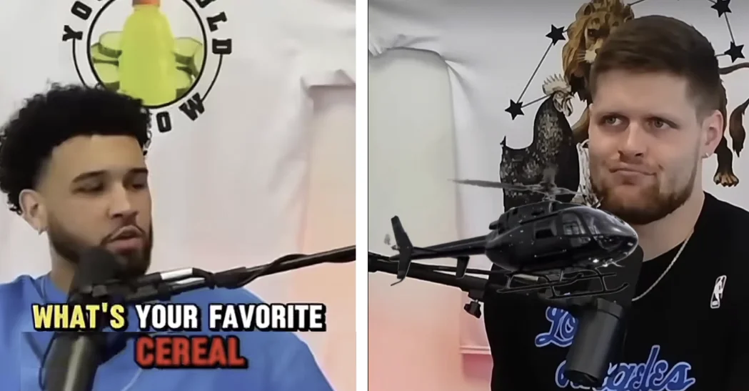 What's Your Favorite Cereal? — Split-screen podcast interview with caption 'What's your favorite cereal' and a smirking man on the right
