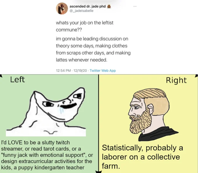 Whats Your Job On The Leftist Commune — Soyjak vs Chad meme contrasting whimsical leftist commune jobs with a Chad saying you'd statistically be a farm laborer.