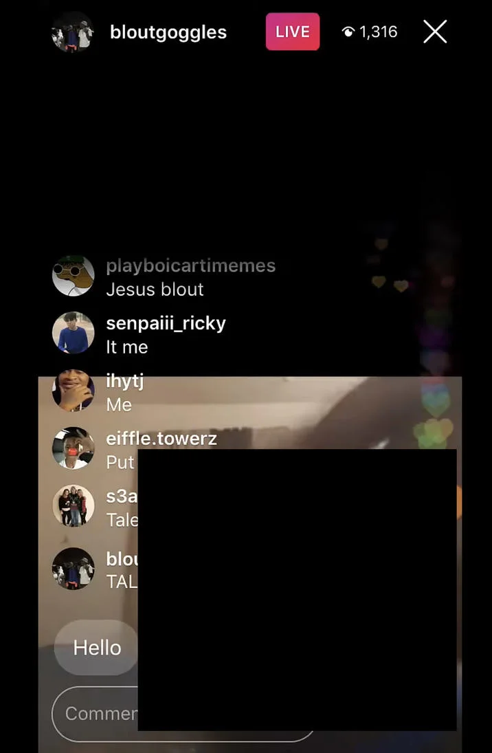 What's Your Talent, Bro? Did That Just Happen? — Instagram Live screenshot from bloutgoggles with viewer comments and a censored video area