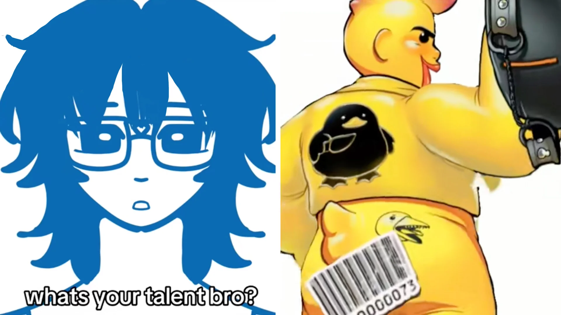 What's Your Talent, Bro? Did That Just Happen? — Split image of blue anime character asking 'whats your talent bro?' next to a confident yellow duck character