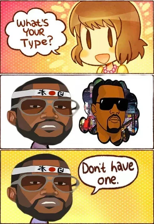 What's Your Type — Three-panel variation featuring cartoon illustrations of two people in the middle panel instead of the standard purple character.