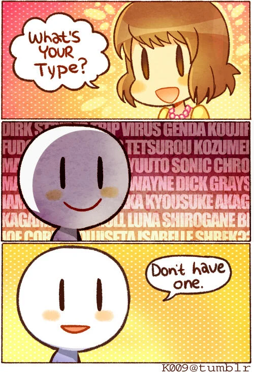 What's Your Type — Three-panel classic meme with anime girl, purple smiley face middle panel, and yellow conclusion panel.