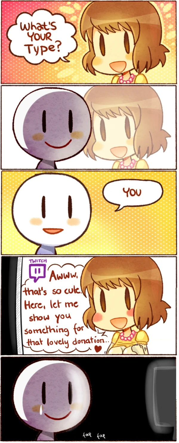 Five-panel vertical expansion of the What's Your Type meme with extended dialogue maintaining the original format.