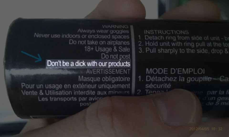 Wheaton's Law — Product warning label highlighting the instruction 'Don't be a dick with our products'.