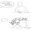 The definitive two-panel wheeze comic template showing person reading or listening transitioning to extreme laughing convulsions.