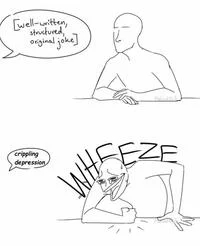 Two-panel wheeze comic showing person reading content transitioning to convulsing with laughter labeled 'WHEEZE' with additional text.