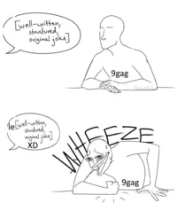 Two-panel wheeze comic showing two people at a table in top panel with one convulsing in laughter marked 'WHEEZE' below.