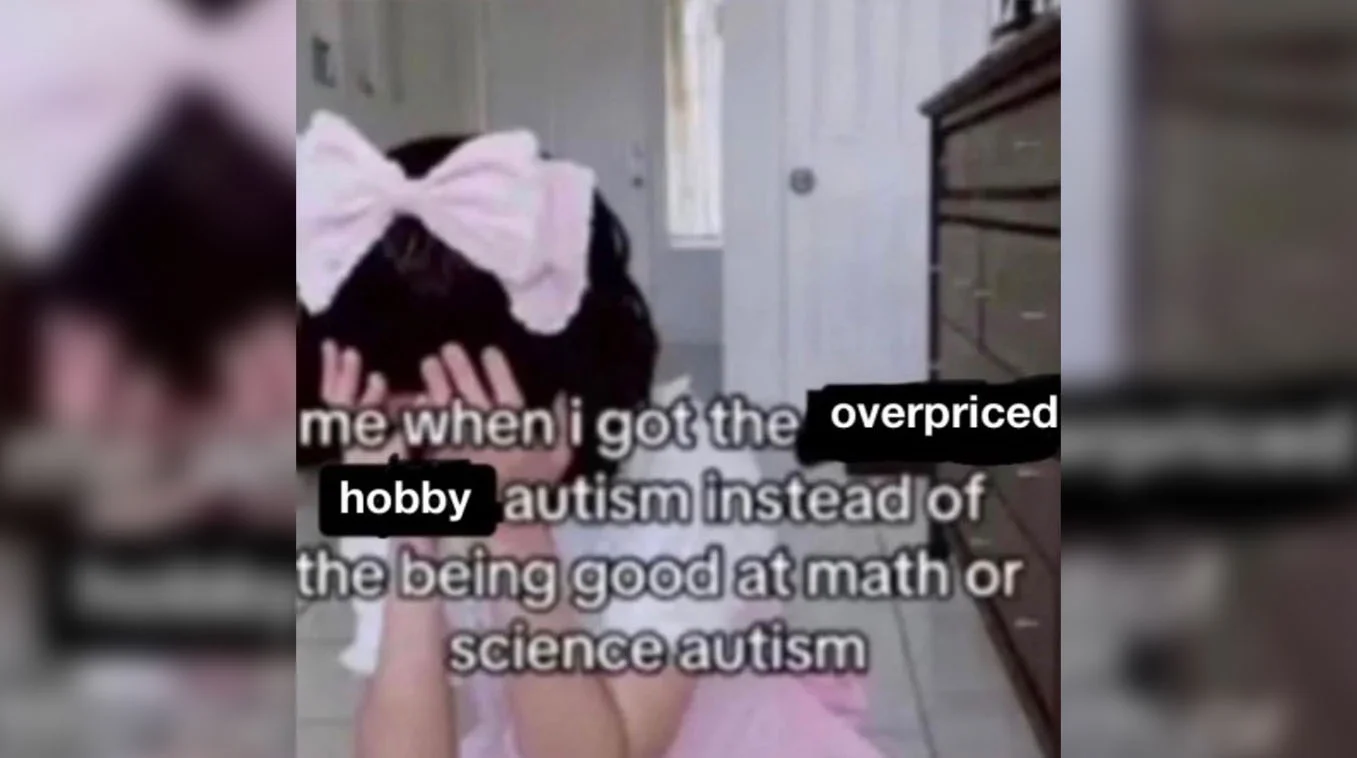 When I Got The X Autism Instead Of Being Good At Math Or Science — Girl with pink bow hiding face, captioned with the overpriced hobby autism template text