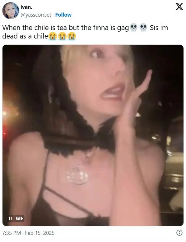 When The Chile Is Tea But The Finna Is Gag — Screenshot of the original viral tweet from @yasscorrset featuring the catchphrase with a shocked woman's reaction