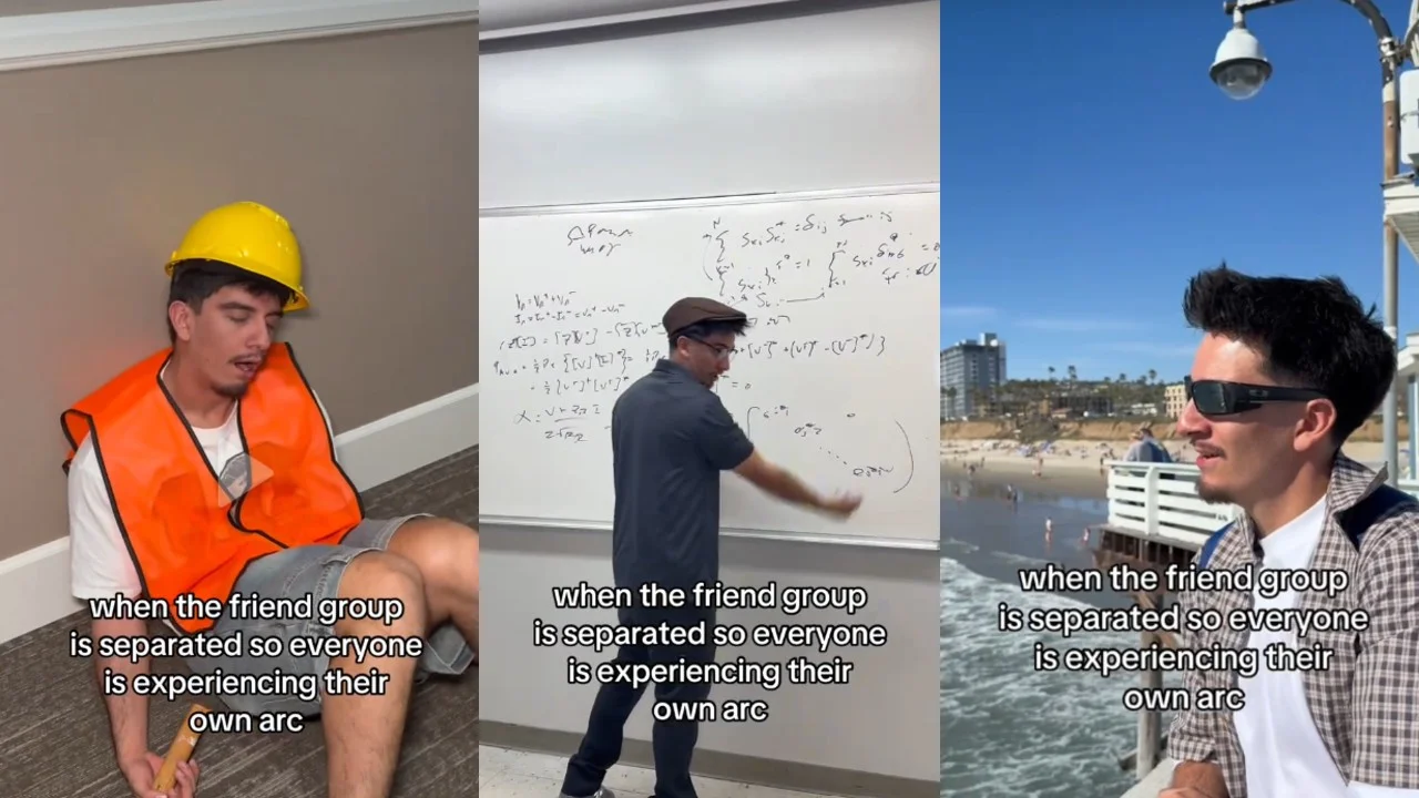Three-panel meme showing the same man as a construction worker, a professor at a whiteboard, and a beachgoer, captioned 'when the friend group is separated so