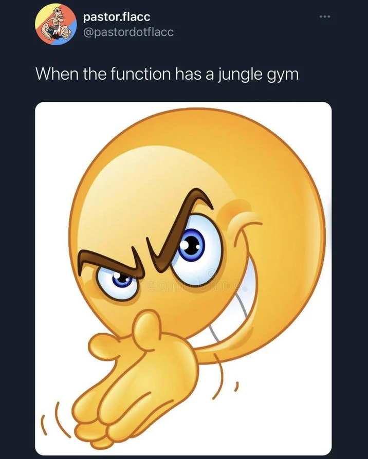 When the Function Got X — Tweet by @pastordotflacc reading 'When the function has a jungle gym' with devious emoji
