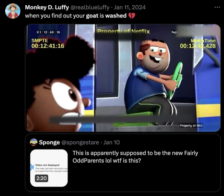 When You Find Out Your GOAT Washed — Twitter post using 'when you find out your goat is washed' phrase about Fairly OddParents reboot screenshot.