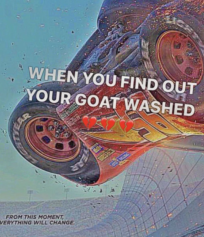 Crashed Cars movie race car meme with 'When you find out your goat washed' and 'From this moment everything will change' subtitle.