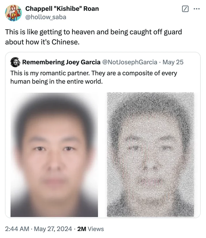 When You Get To Heaven But Its Chinese — Tweet comparing a composite average face image to the surprise of arriving in Chinese heaven