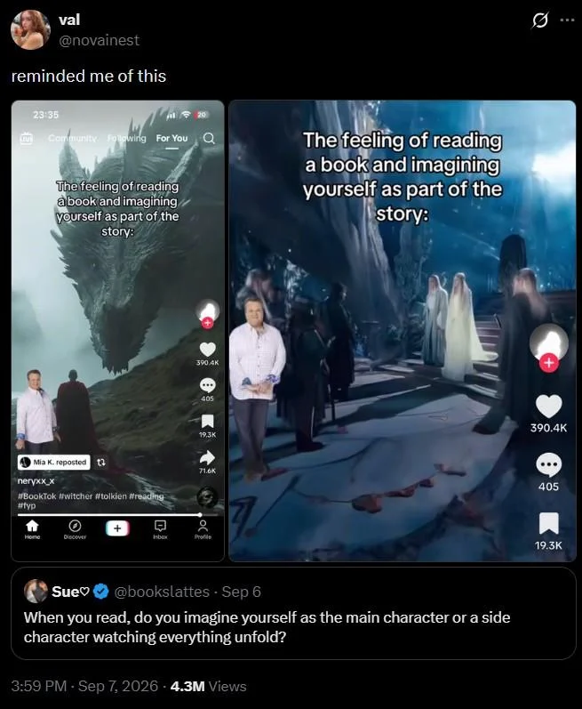 When You Read, Do You Imagine Yourself As the Main Character Or Side Character — Quote tweet showing a TikTok with a man photoshopped into fantasy movie scenes