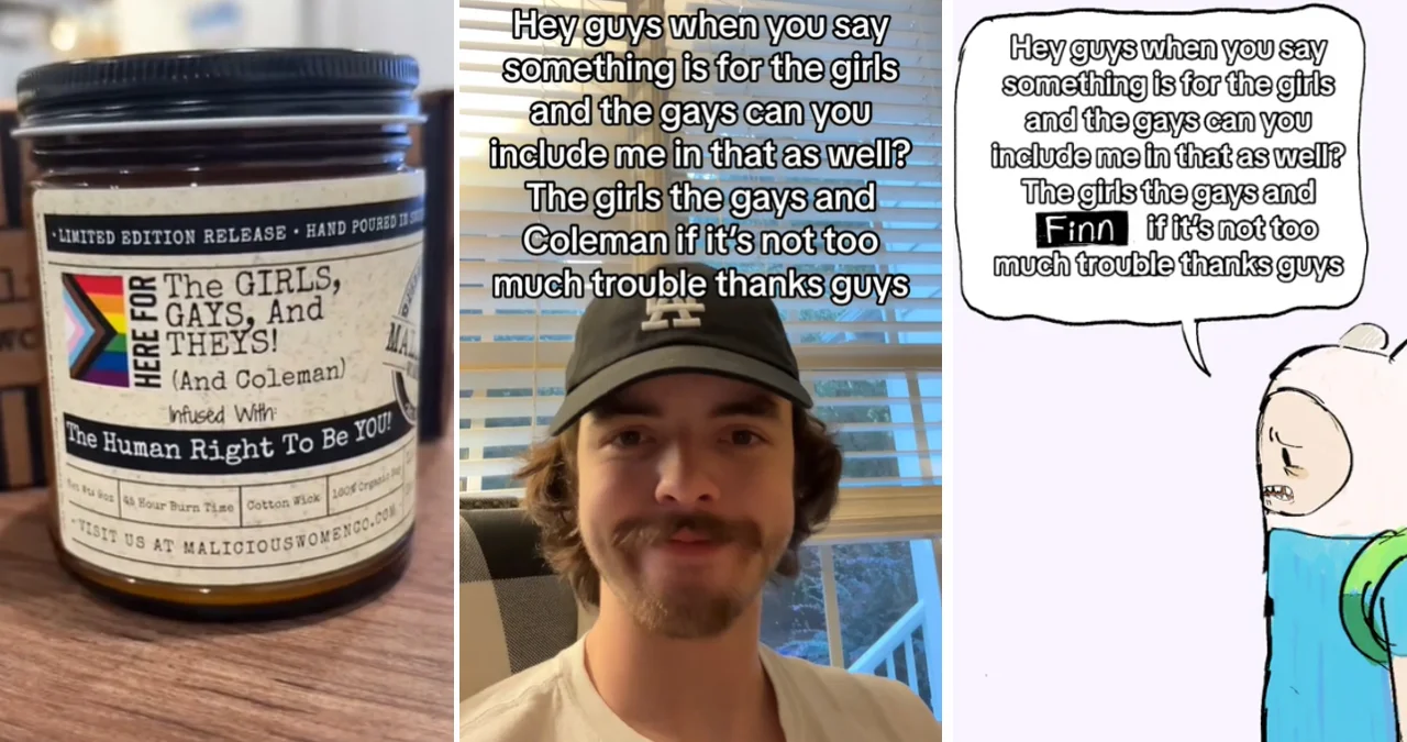 When You Say Something Is For The Girls And The Gays Can You Include Me In That As Well — Three-panel collage featuring a Coleman-themed candle, the original