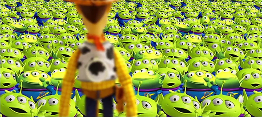 When You See it... — Woody from Toy Story standing in front of a huge crowd of green aliens