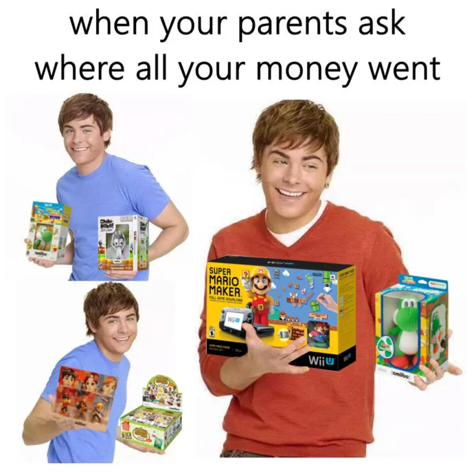 Blank Zac Efron three-pose collage with caption 'when your parents ask where all your money went'