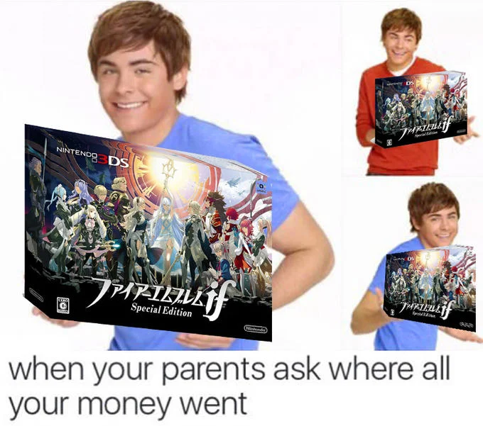 When Your Parents Ask Where All Your Money Went — Zac Efron collage holding Super Mario Maker Wii U and amiibo products with 'where all your money went' caption