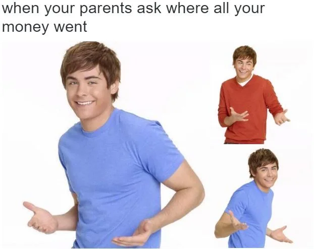 Side-by-side image of a sad boy on a bench with caption 'When your parents ask where all your money went'