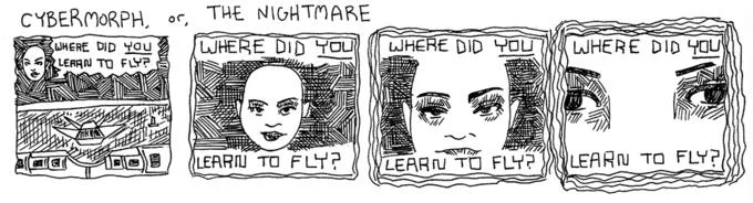 Black-and-white meme collage featuring Skylar with multiple repetitions of the 'Where Did You Learn to Fly?' quote.