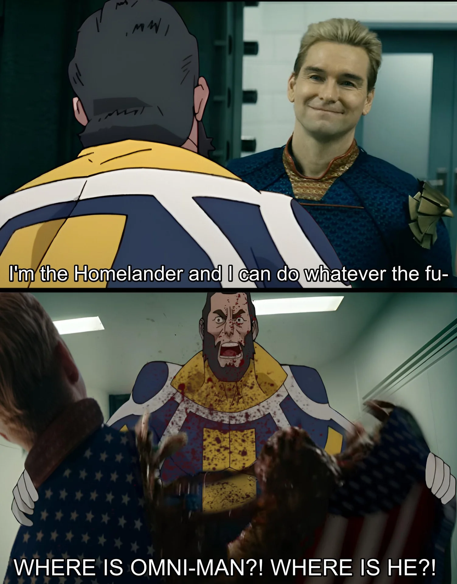 Two-panel crossover meme of Homelander smirking in the top panel and a bloodied Omni-Man attacking him in the bottom panel with the caption 'Where is