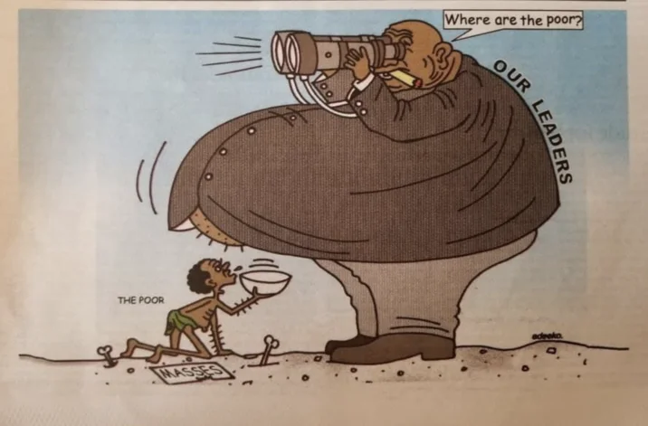 Where Is Poor — Original labeled editorial cartoon showing 'OUR LEADERS' as a fat man with binoculars asking 'Where are the poor?' above a labeled 'THE POOR'