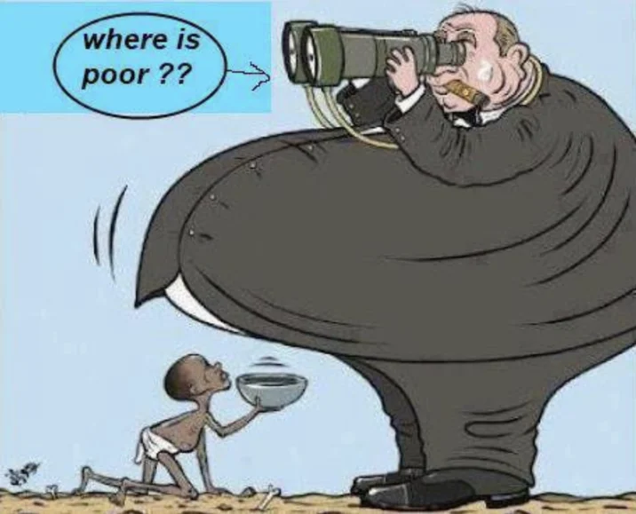 Meme variant with a blue text box reading 'where is poor ??' pointing to the fat man's binoculars above a starving child with a bowl.