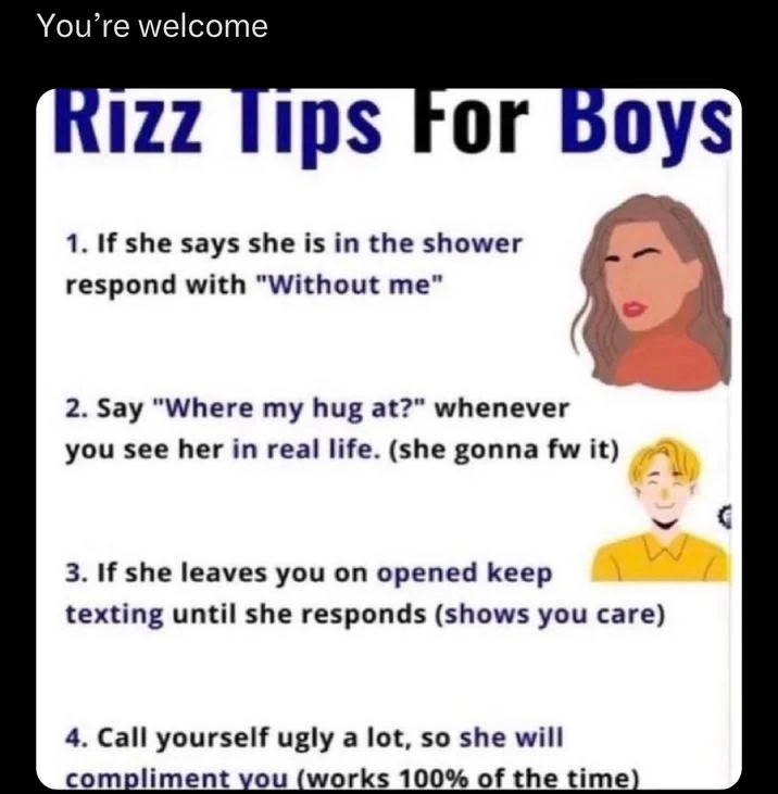 Rizz Tips For Boys infographic including 'Where my hug at?' as flirting advice