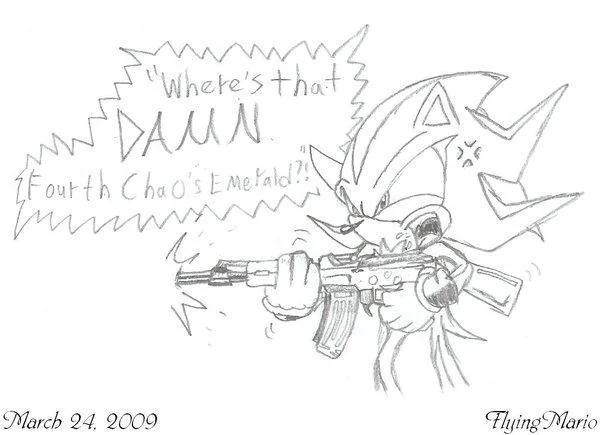 Where's That Damn Fourth Chaos Emerald? — Hand-drawn pencil sketch of Shadow the Hedgehog shooting a rifle while shouting about the fourth Chaos Emerald