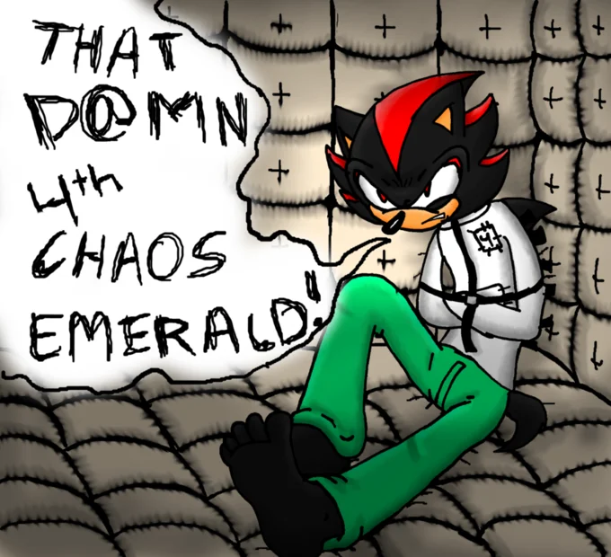 Where's That Damn Fourth Chaos Emerald? — Shadow the Hedgehog in a straitjacket in a padded cell thinking about the damn 4th Chaos Emerald
