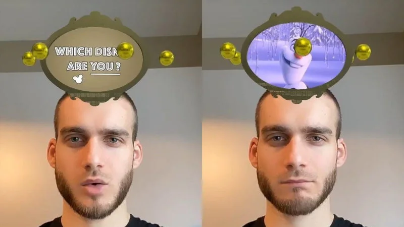 Split-screen demonstration showing the Which Disney Are You filter prompt on left and Rapunzel character result with sparkles above head on right.