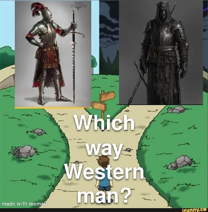 Which Way Western Man — Simplified meme format showing two different character images as opposing choices with 'Which way, Western man?' header text.