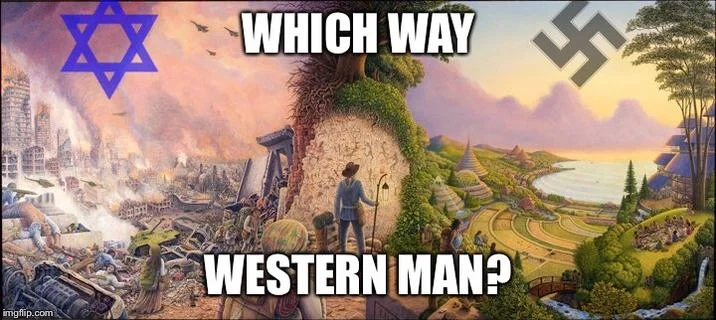 Which Way Western Man — Meme template showing a figure at a crossroads between pastoral landscape and industrialized cityscape with impact font text.