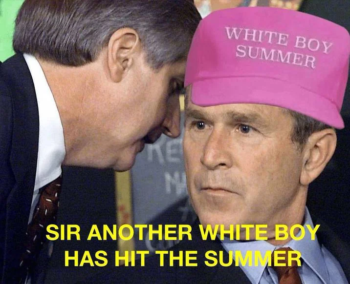 Edited George W Bush 9 11 whisper scene with pink white boy summer cap and SIR ANOTHER WHITE BOY HAS HIT THE SUMMER caption