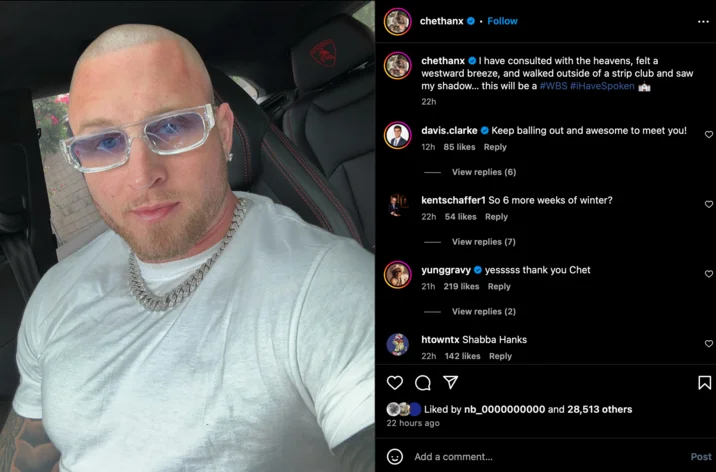 Instagram post from Chet Hanks selfie in sunglasses with white boy summer caption and WBS hashtag